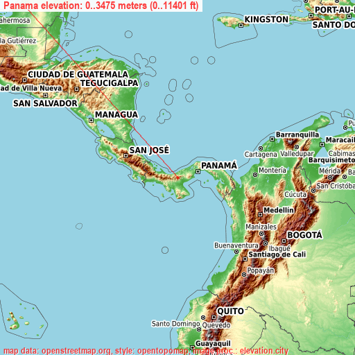 Panama on topographic map