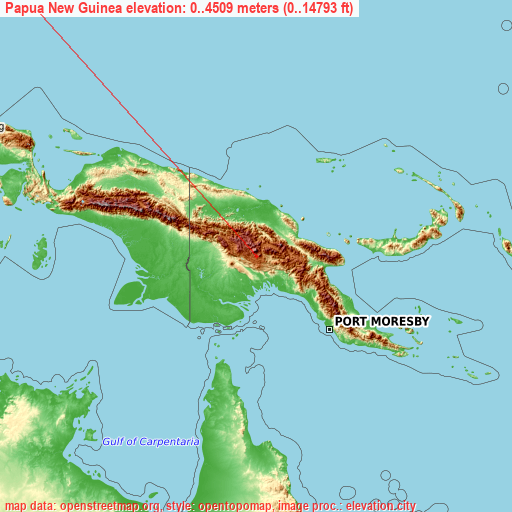 Papua New Guinea on topographic map