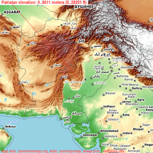 Pakistan on topographic map