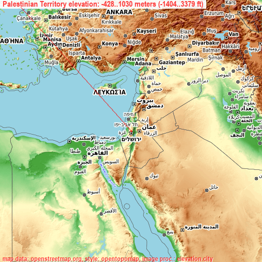 Palestinian Territory on topographic map
