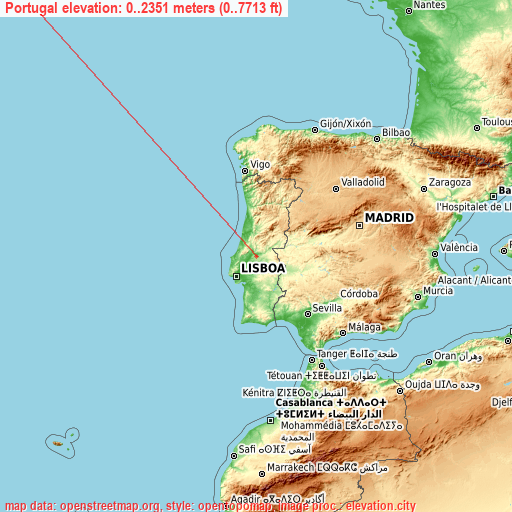 Portugal on topographic map