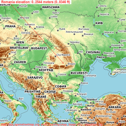 Romania on topographic map