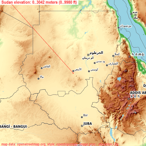 Sudan on topographic map