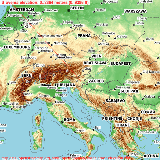 Slovenia on topographic map