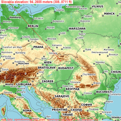 Slovakia on topographic map