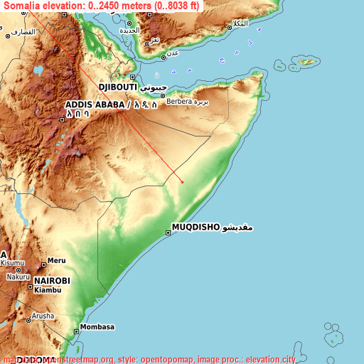Somalia on topographic map