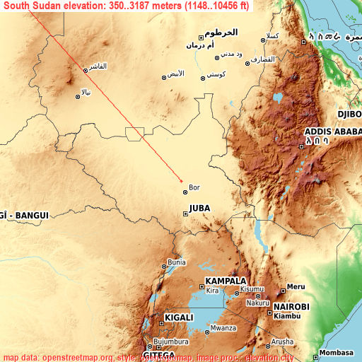 South Sudan on topographic map