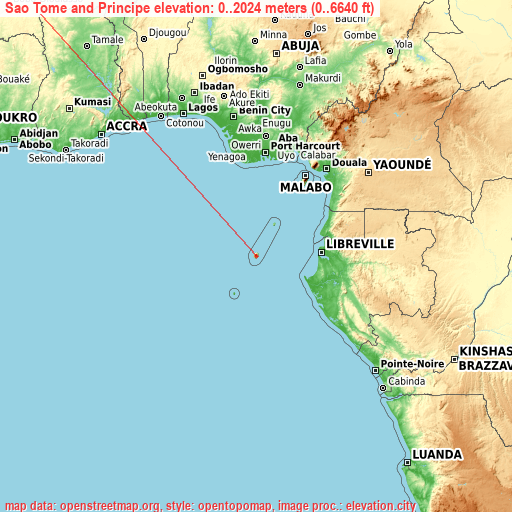 Sao Tome and Principe on topographic map