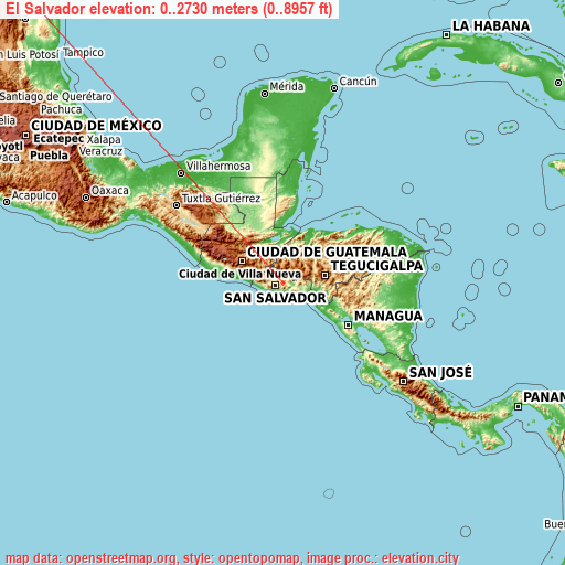 El Salvador on topographic map
