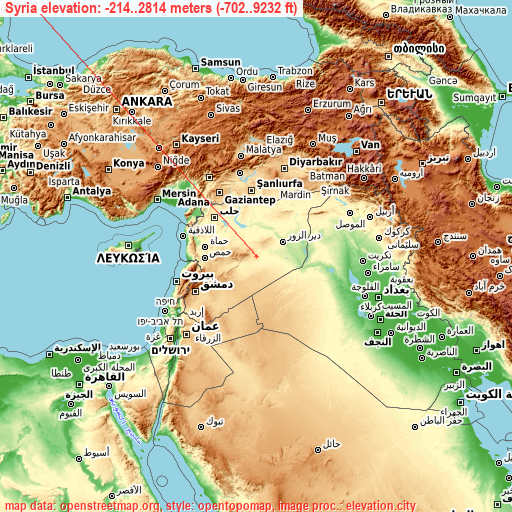 Syria on topographic map