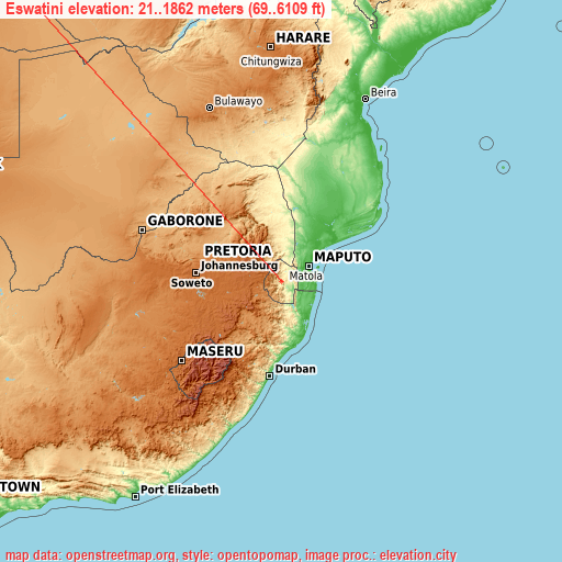 Eswatini on topographic map