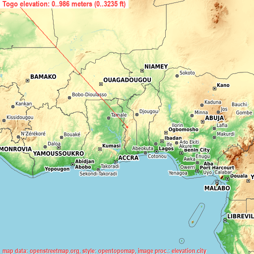Togo on topographic map