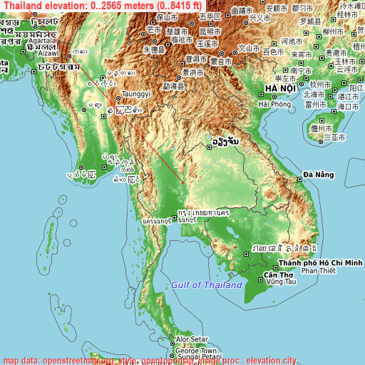 Thailand on topographic map
