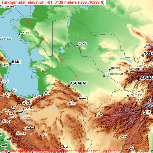 Turkmenistan on topographic map