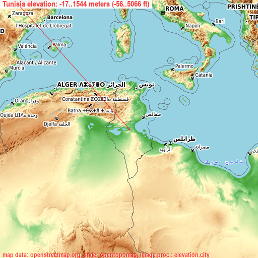 Tunisia on topographic map