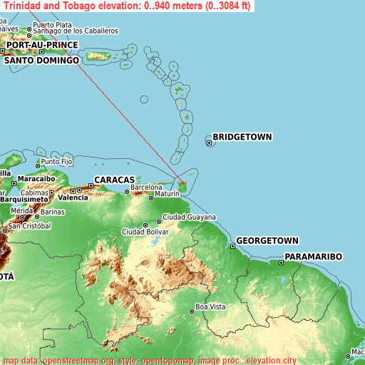 Trinidad and Tobago on topographic map