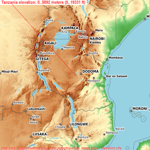 Tanzania on topographic map