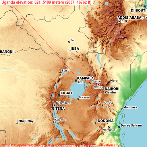 Uganda on topographic map