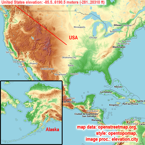 United States on topographic map