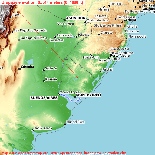 Uruguay on topographic map