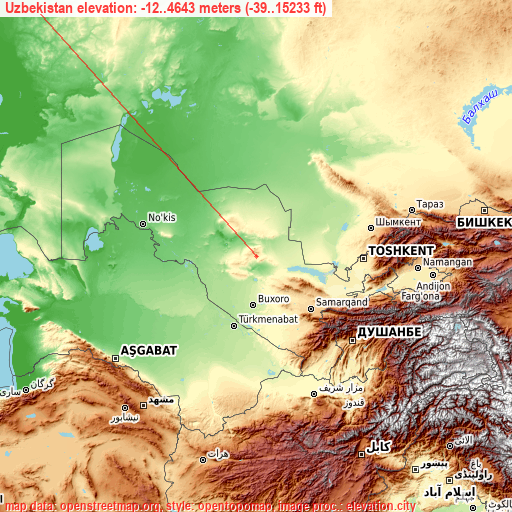 Uzbekistan on topographic map