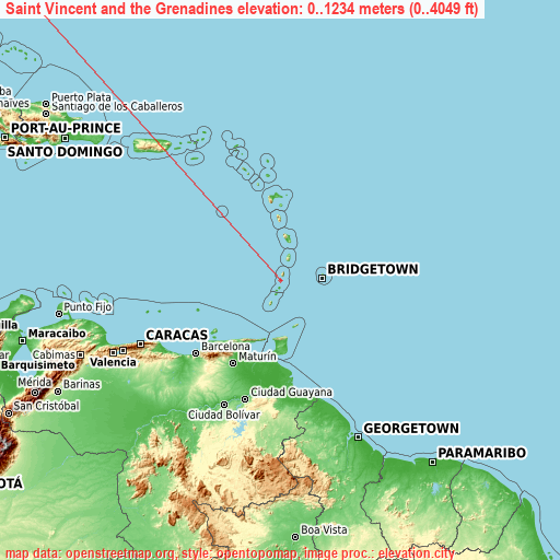Saint Vincent and the Grenadines on topographic map