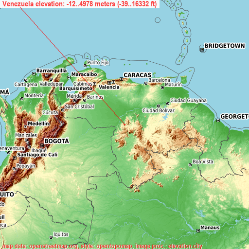 Venezuela on topographic map