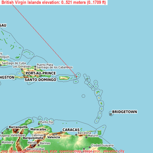 British Virgin Islands on topographic map