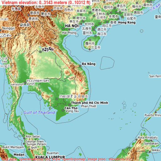Vietnam on topographic map