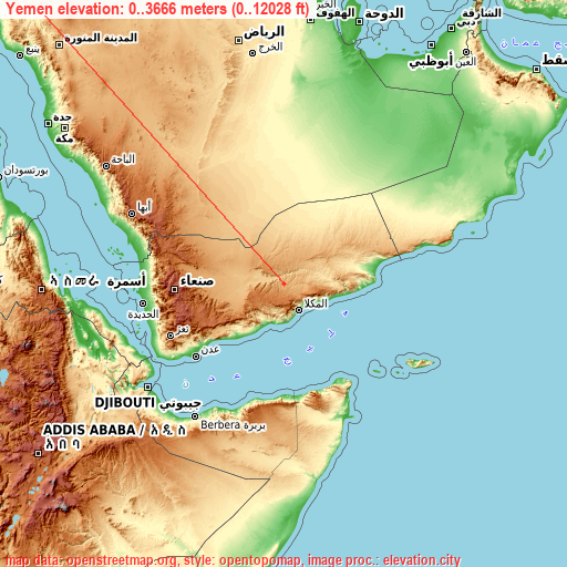 Yemen on topographic map