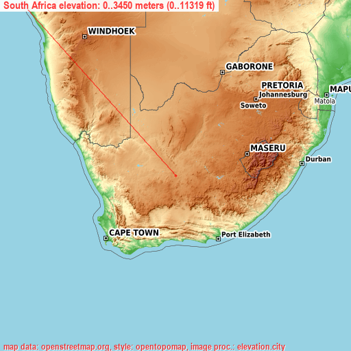 South Africa on topographic map