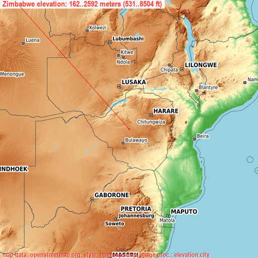 Zimbabwe on topographic map